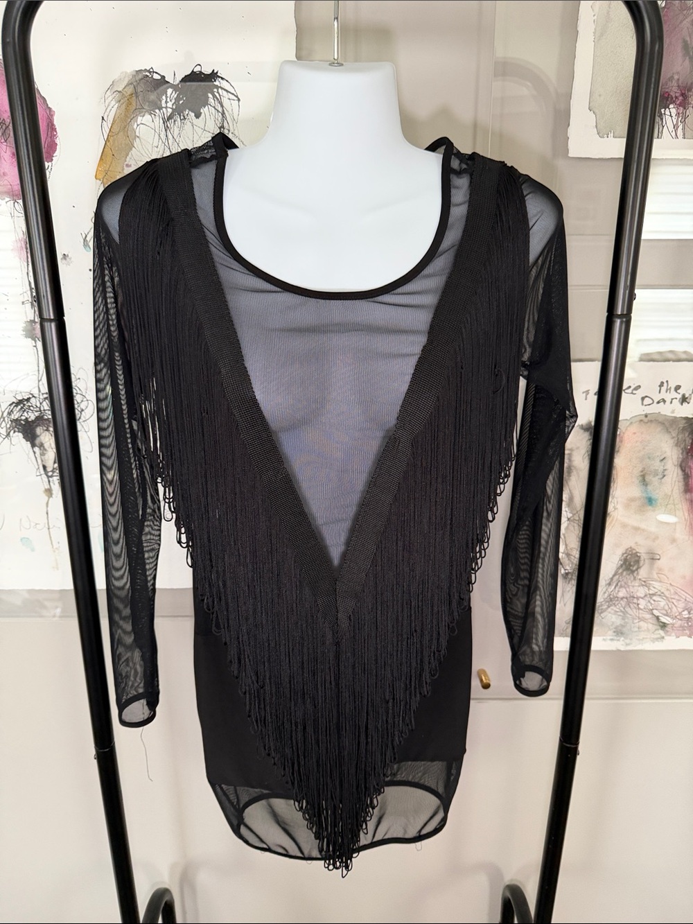 Vintage ASOS Black Sheer Fringe Long-Sleeve Mini Dress